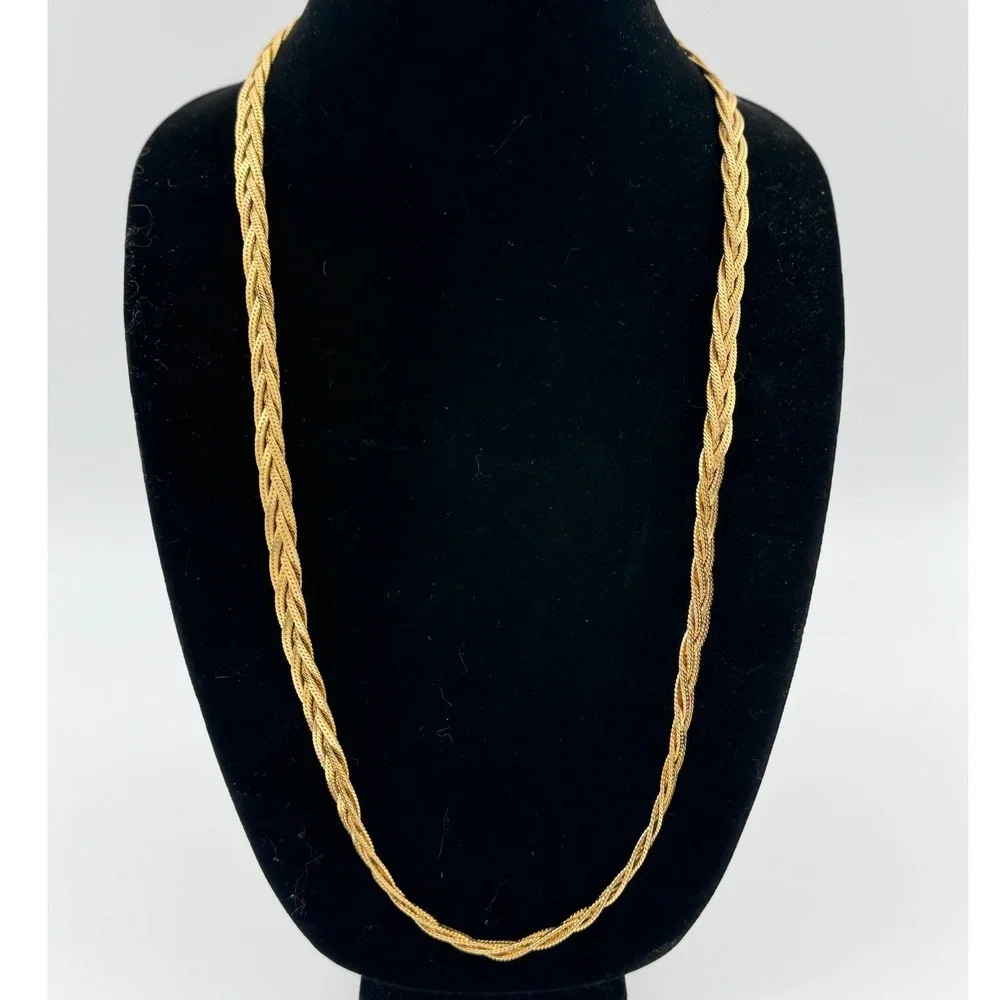 Napier Vintage Gold Tone Braided Herringbone Triple Strand Chain Necklace 25 In